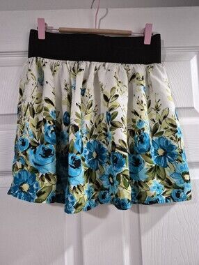 BCX Blue Floral Circle Skirt with Black Waistband